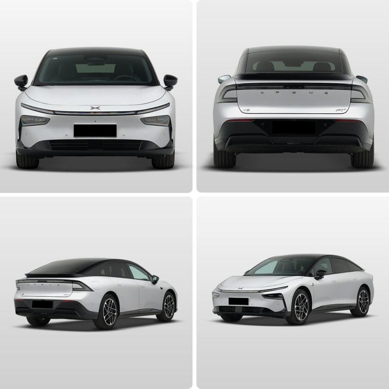 Four views (front, rear, side - rear, side - front) of a white Xpeng P7 electric car.