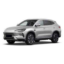 A silver BYD SUV with a sleek front grille, modern headlights, and stylish alloy wheels, showcasing its elegant and dynamic exterior design.