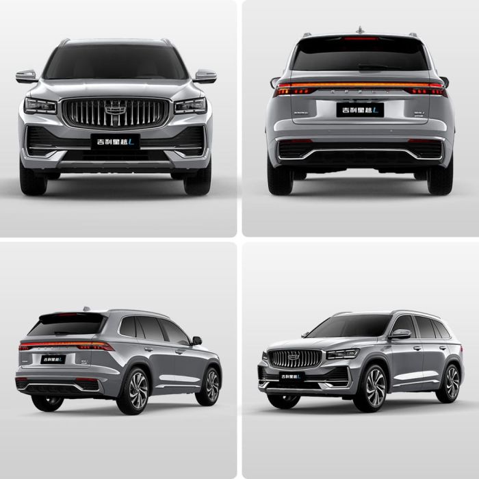 Four views (front, rear, side - rear, side - front) of the Geely Xingyue L SUV.