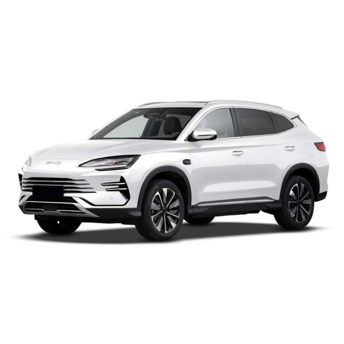 A white BYD SUV, displayed at a dynamic angle against a plain white background, highlighting its modern, sleek design and stylish black alloy wheels.
