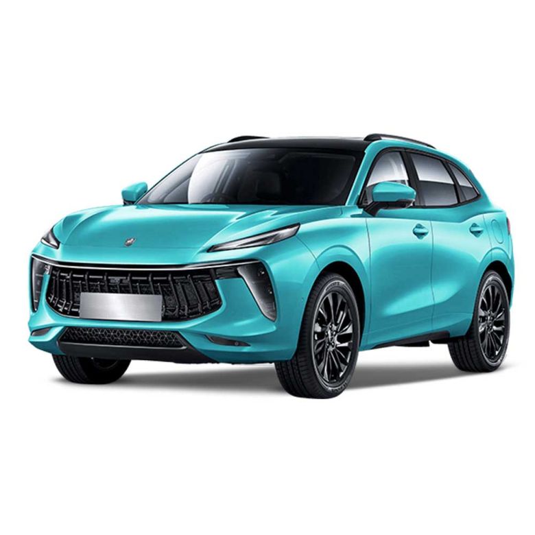 A turquoise Fengon SUV with a black roof, captured at a dynamic angle against a plain white background, emphasizing its modern, sleek design and eye-catching color.