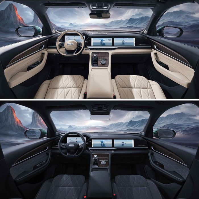 Two different interior designs of a Geely car, with a mountain landscape view outside.
