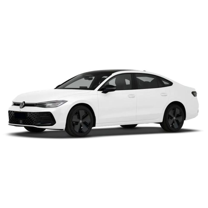 A sleek white Volkswagen sedan with black wheels, showcasing a modern and stylish design.