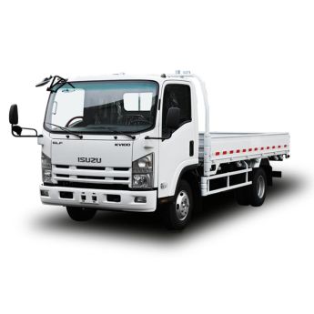 White Isuzu KV100 light - duty truck with an open cargo bed.