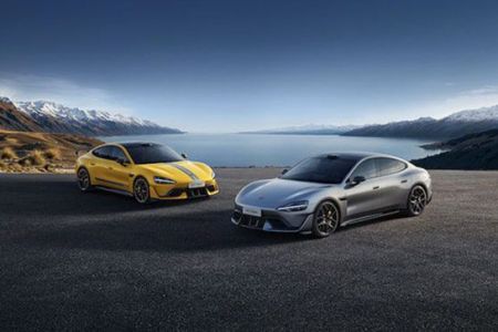 Two sports cars, one yellow with gray stripes and one silver, parked on a paved area with a lake and snow-capped mountains in the background, highlighting their sleek designs and scenic setting.
