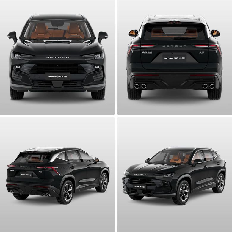 Four views of a black Jetour SUV.