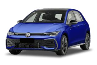 A blue Volkswagen hatchback with a sleek design.