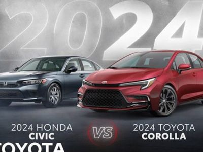 A comparison image of the 2024 Honda Civic (gray) and 2024 Toyota Corolla (red), with "2024" in the background and a "VS" symbol, highlighting their design differences.