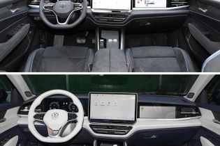Comparison of two Volkswagen car interiors, one with a dark color scheme and the other with a light color scheme, both featuring large central screens.
