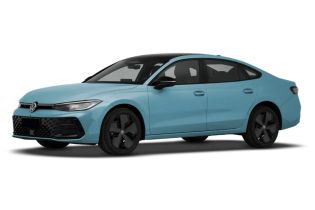 A light blue Volkswagen sedan with a sleek design, black wheels, and a modern appearance.