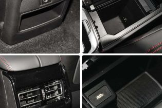 A collage of a car's interior details: a charging port, center console storage, rear air vents, and a USB port, showcasing functional and sleek design elements.