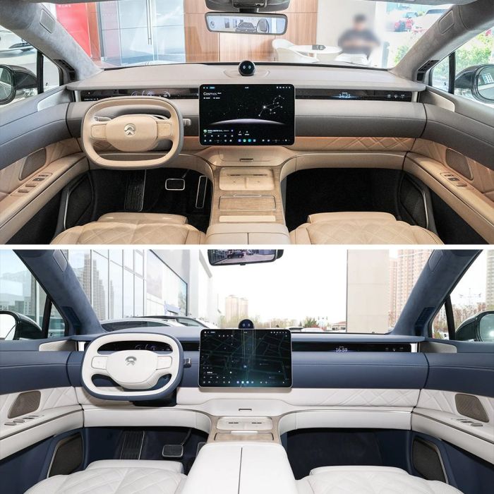 Comparison of two car interiors, one with a beige and gray color scheme and the other with a blue and white color scheme, both featuring large central screens.