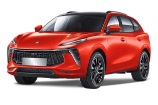 An orange Forthing T5 EVO SUV with a black roof, featuring a striking grille and sleek LED headlights, displayed against a plain white background to emphasize its modern and dynamic design.