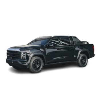 Side view of a black pickup truck with off - road tires, isolated on a white background.