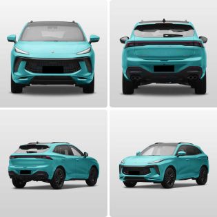 Four views of a turquoise Fengon SUV, displaying front, rear, and two side angles, highlighting its sleek design and modern aesthetics against a plain background.
