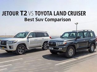"JETOUR T2 VS TOYOTA LAND CRUISER: Best Suv Comparison. Two SUVs (silver & black) parked on a road; the black one shows Toyota badging, set against an open, industrial backdrop."
