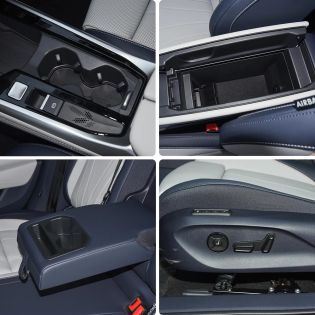 Collage of four car interior details: cup holders, storage, armrest, and seat controls.