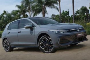 A gray Volkswagen Golf parked on sandy ground with palm trees in the background.
