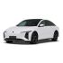 A white electric sedan with a sleek, modern design, featuring a black roof, distinctive headlights, and black alloy wheels, presented against a plain white background.