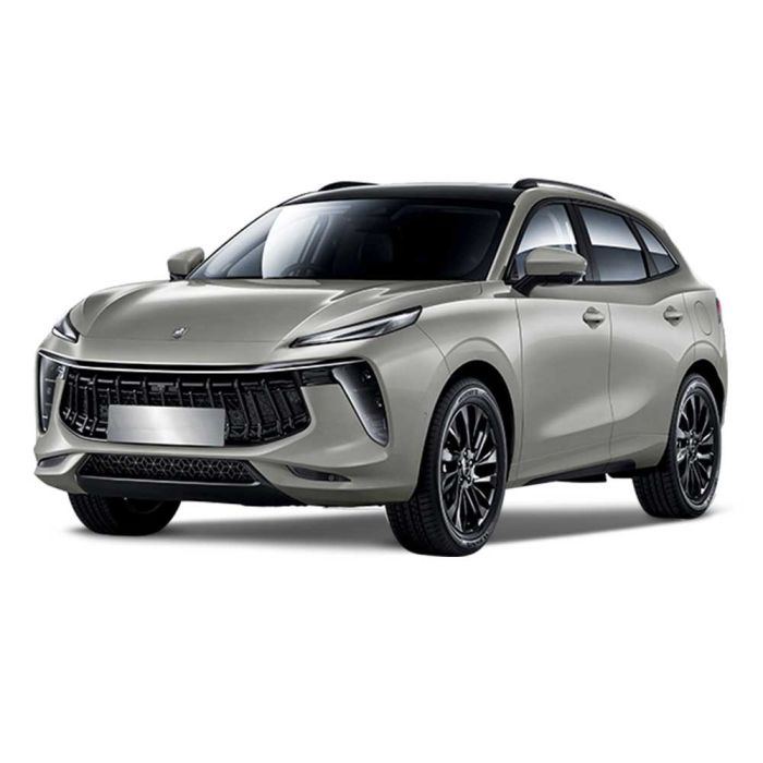 A silver Fengon SUV with a black roof, shown from a dynamic angle against a plain white background, highlighting its modern, sleek design and stylish details.