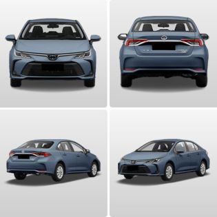 Four views (front, rear, side - rear, side - front) of a blue corolla 2024