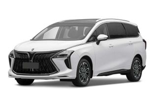 A white MPV with a sleek design, featuring a bold front grille and panoramic sunroof, is showcased against a plain background, highlighting its modern and spacious appearance.