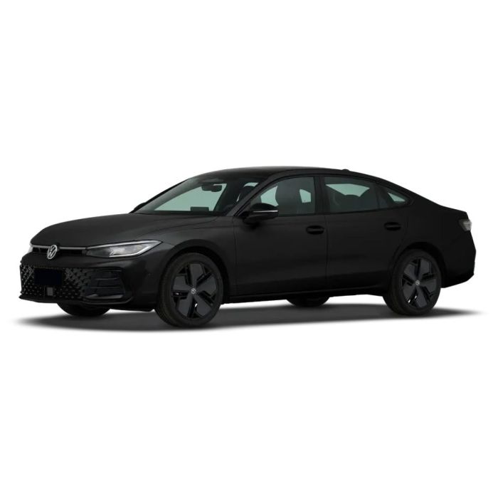 A sleek black Volkswagen sedan with a modern design and black wheels.