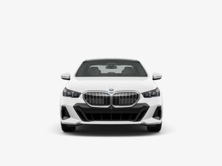 Head-on studio shot of new white BMW luxury car on plain background