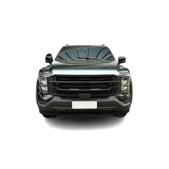 Front view of a black SUV with a large grille, sleek headlights, and a blank license plate, isolated on a white background.