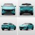 Four views of a turquoise Fengon SUV, displaying front, rear, and two side angles, highlighting its sleek design and modern aesthetics against a plain background.