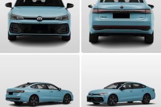 Four views (front, rear, side - rear, side - front) of a light blue Volkswagen sedan.