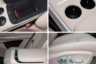 Collage of four images showcasing the interior details of a car, including the center console storage, cup holders, armrest, and seat adjustment controls.