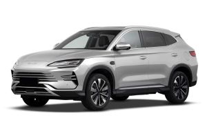 A silver BYD SUV with a sleek front grille, modern headlights, and stylish alloy wheels, showcasing its elegant and dynamic exterior design.