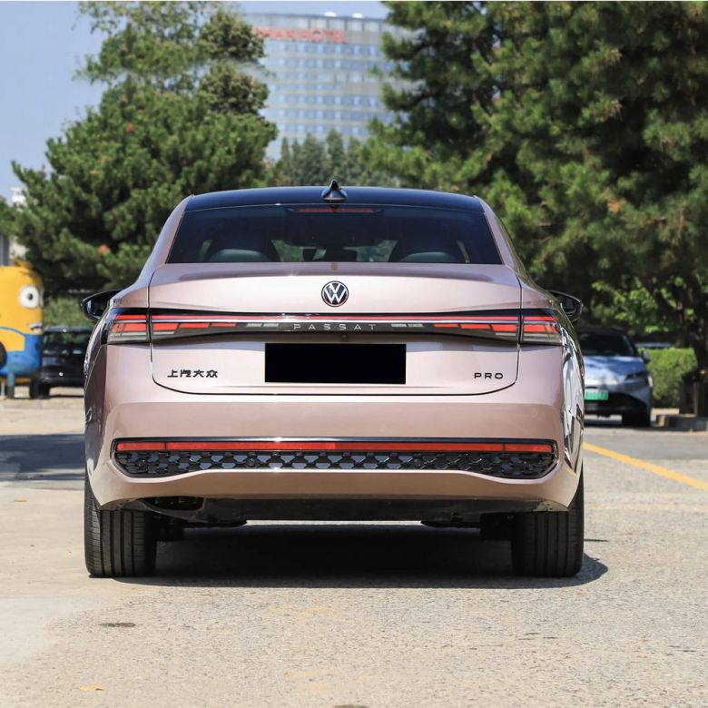 Rear view of a pink Volkswagen Passat Pro sedan parked on a road, with trees and buildings in the background.