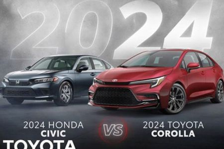 A comparison image of the 2024 Honda Civic (gray) and 2024 Toyota Corolla (red), with "2024" in the background and a "VS" symbol, highlighting their design differences.