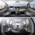 A car’s interior display features a luxurious dashboard with dual screens and quilted leather, plus a spacious rear area with a panoramic sunroof, emphasizing comfort and modern design.