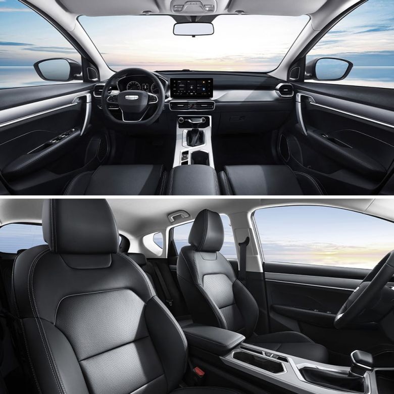 Interior of a car, showing the dashboard, front seats, and a spacious, modern design with a view of the sky through the windows.