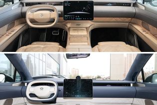 Comparison of two car interiors, one with a beige and gray color scheme and the other with a blue and white color scheme, both featuring large central screens.