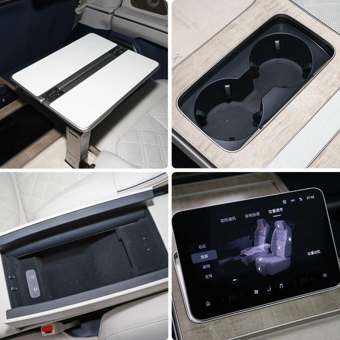 A collage showcasing details of a car's interior, including a foldable table, cup holders, a storage compartment, and a control screen for seat functions.