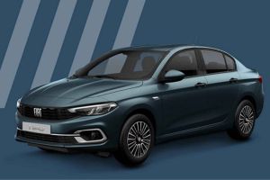 Front-side view of a teal Fiat Tipo sedan, showcasing its sleek design, stylish alloy wheels, and modern headlights against a blue background with diagonal stripes.