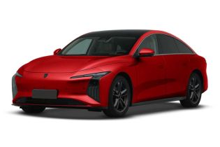 A red electric sedan with a sleek, modern design, featuring a black roof, distinctive headlights, and black alloy wheels, presented against a plain white background.