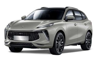 A light gray SUV with a black roof, featuring a striking grille and sleek LED headlights, displayed against a plain white background to emphasize its modern and dynamic design.