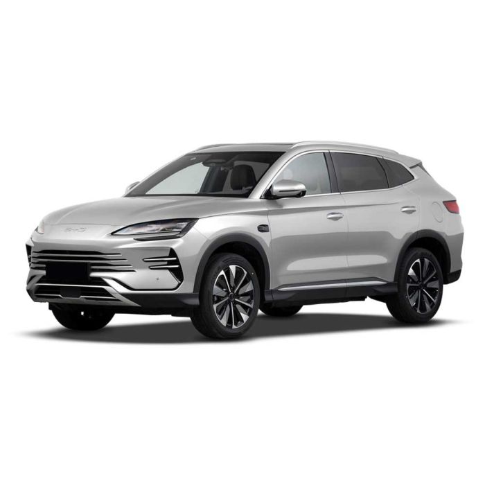 A silver BYD SUV shown in a three-quarter front view against a white background, highlighting its sleek design and modern aesthetics.