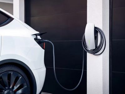 White electric vehicle charging at a sleek, wall-mounted home charging station next to a dark garage door.