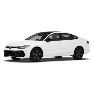 A sleek white Volkswagen sedan with black wheels, showcasing a modern and stylish design.