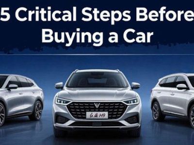 Cover image for "5 Critical Steps Before Buying a Car" with three silver SUVs.