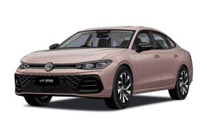 A stylish pink Volkswagen sedan with a sleek design.