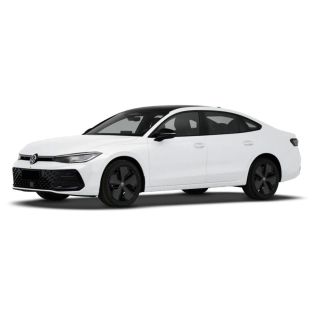 A sleek white Volkswagen sedan with black wheels and a modern design.