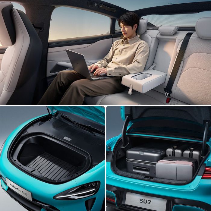 Collage showing a person using a laptop in the Xiaomi SU7's interior, and the car's front trunk and rear trunk with luggage.