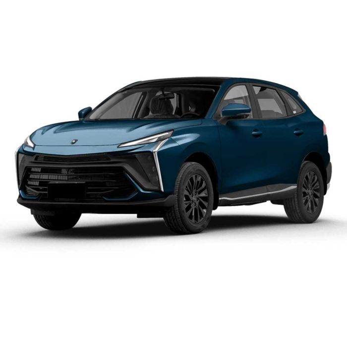 A deep blue SUV with a black roof, presented at a dynamic angle against a plain white background, highlighting its modern, sleek design and stylish black alloy wheels.
